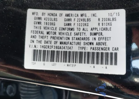 2016 Honda Accord Lx из США, поврежденный, VIN 1HGCR2F39GA047047